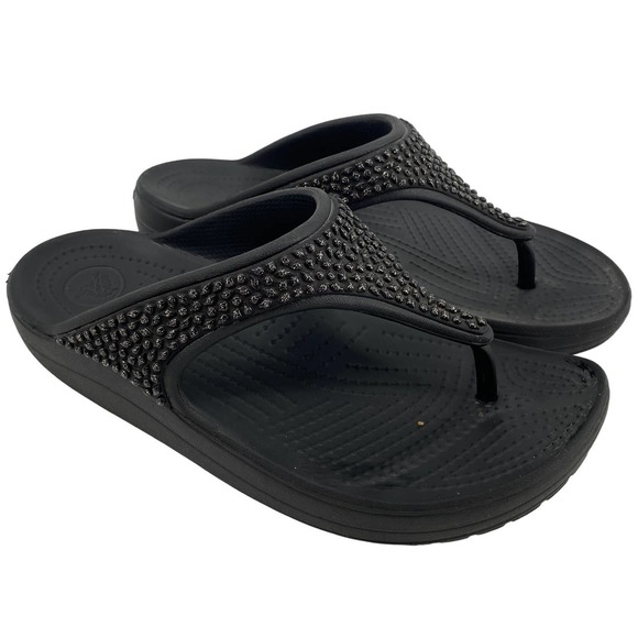 Crocs sloane embellished women's 7 black thong flip flop bling Slide Detail - Picture 1 of 5